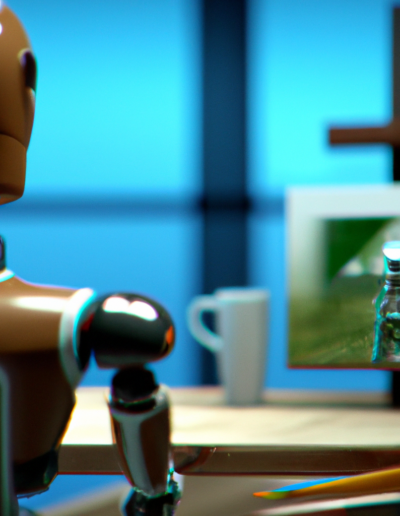 A human like robot sitting by a table, camera from the side, designing modern architecture, on a digital screen